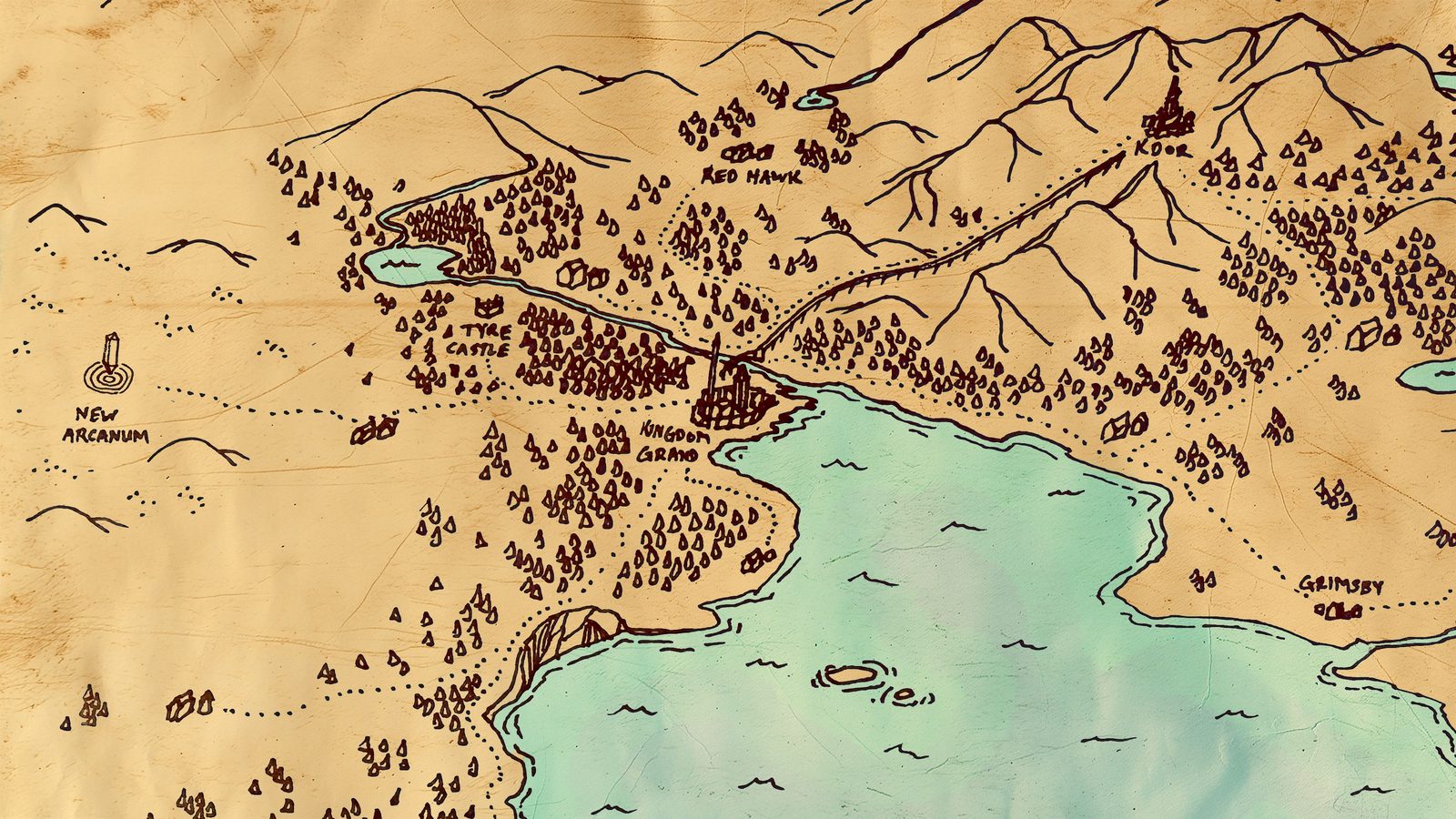 Hand-drawn map of Kingdom Grand and the surrounding region: Kingdom Grand sits on the northern shore of a wide bay, with Tyre Castle and Red Hawk in the wooded country to the north, Kdor high in the eastern mountains, New Arcanum out on the western plain, and Grimsby across the water to the east.